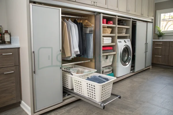 Laundry cabinetry with aluminum-framed sliding doors, organized open shelves, hanging space, and pull-out laundry baskets.