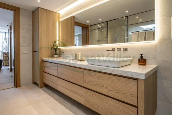 Contemporary bathroom with quartz-topped oak vanity and under-cabinet lighting