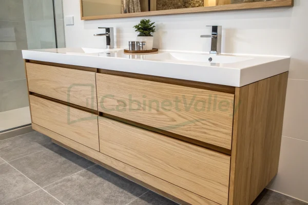 Double sink oak veneer vanity with sleek handleless drawers in a modern bathroom