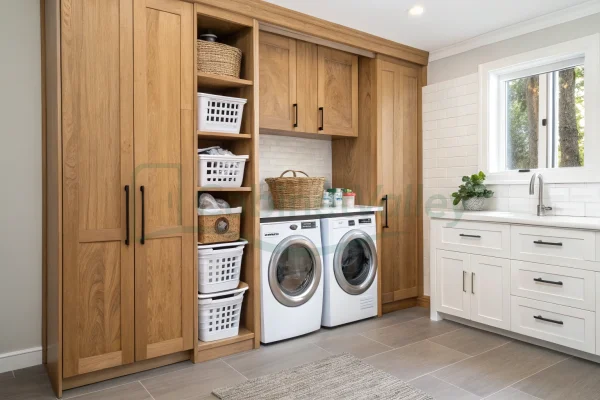 Contemporary laundry room featuring oak shaker cabinets, vertical storage towers, white appliances, and black hardware on cabinet doors.