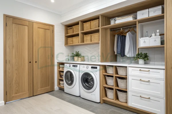 Laundry cabinetry with open oak shelving, white drawers with brass handles, and paired washing machines beneath a long countertop workspace.