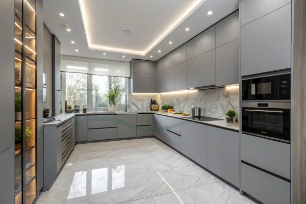 Gray Lacquer Modern U-Shaped Kitchen Cabinets – High-Gloss Custom Cabinetry