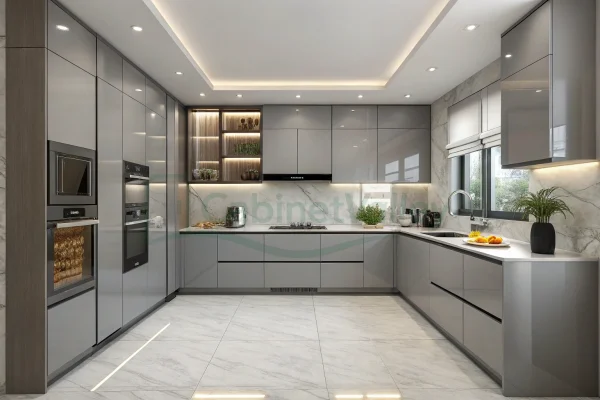 Gray Lacquer Modern U-Shaped Kitchen Cabinets – High-Gloss Custom Cabinetry - Image 5