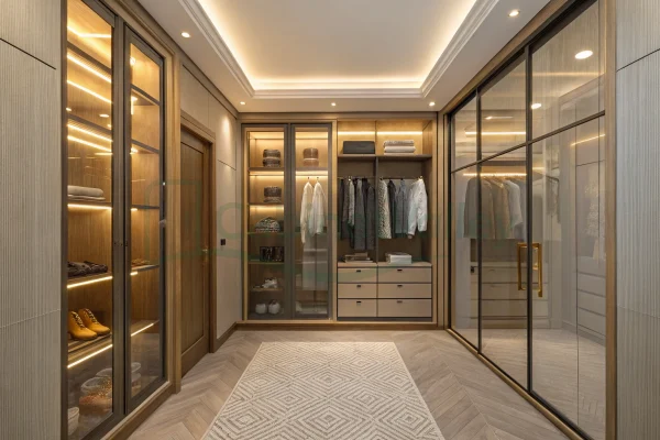 U-shaped walk-in closet with beige-grey wood cabinetry, glass doors, and ambient strip lighting framing hanging and shelving zones.