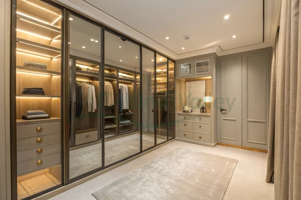 Elegant walk-in wardrobe in a soft neutral palette, featuring mirrored sliding glass doors, modular drawers, and built-in vanity.