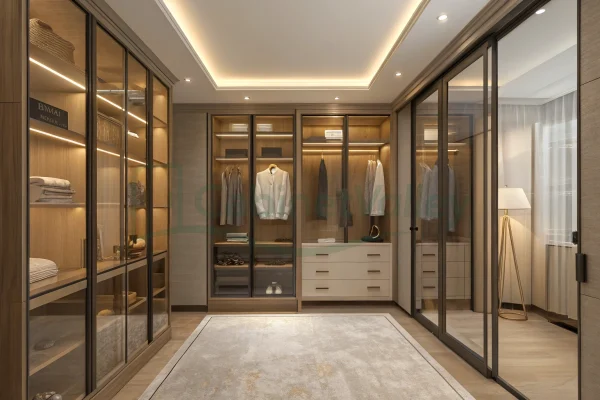 Warm-toned U-shaped closet with LED-lit glass cabinets, hanging rods, and light wood accents, creating a luxurious dressing area.