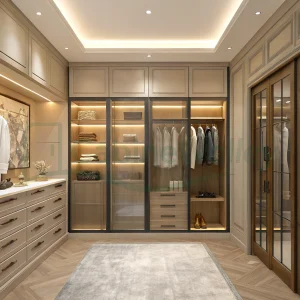 Custom walk-in wardrobe with soft beige cabinetry, panel drawers, framed glass doors, and recessed lighting in a symmetrical U-layout.