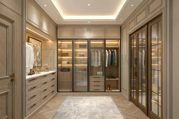 Custom walk-in wardrobe with soft beige cabinetry, panel drawers, framed glass doors, and recessed lighting in a symmetrical U-layout.