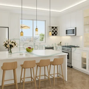 Bright white minimalist kitchen with full-height display cupboards, quartz countertops, and sleek built-in appliances.