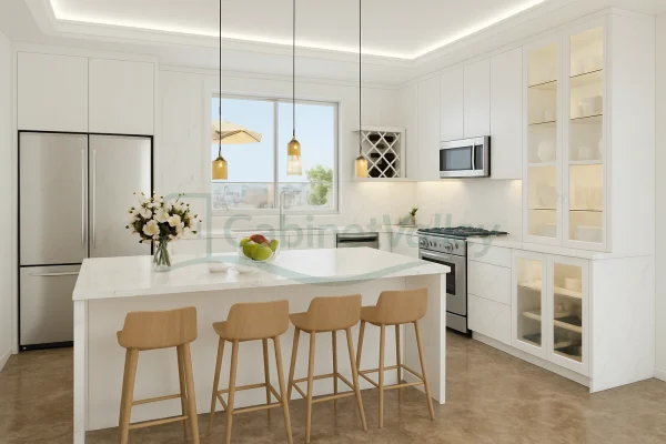 Bright white minimalist kitchen with full-height display cupboards, quartz countertops, and sleek built-in appliances.
