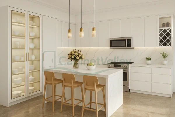 L-shaped white kitchen with matte melamine cabinets, marble quartz surfaces, and integrated glass-front display units.