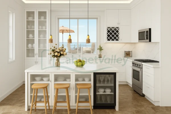 Modern L-shaped kitchen featuring under-cabinet lighting, wine rack storage, and soft-close cabinetry details.